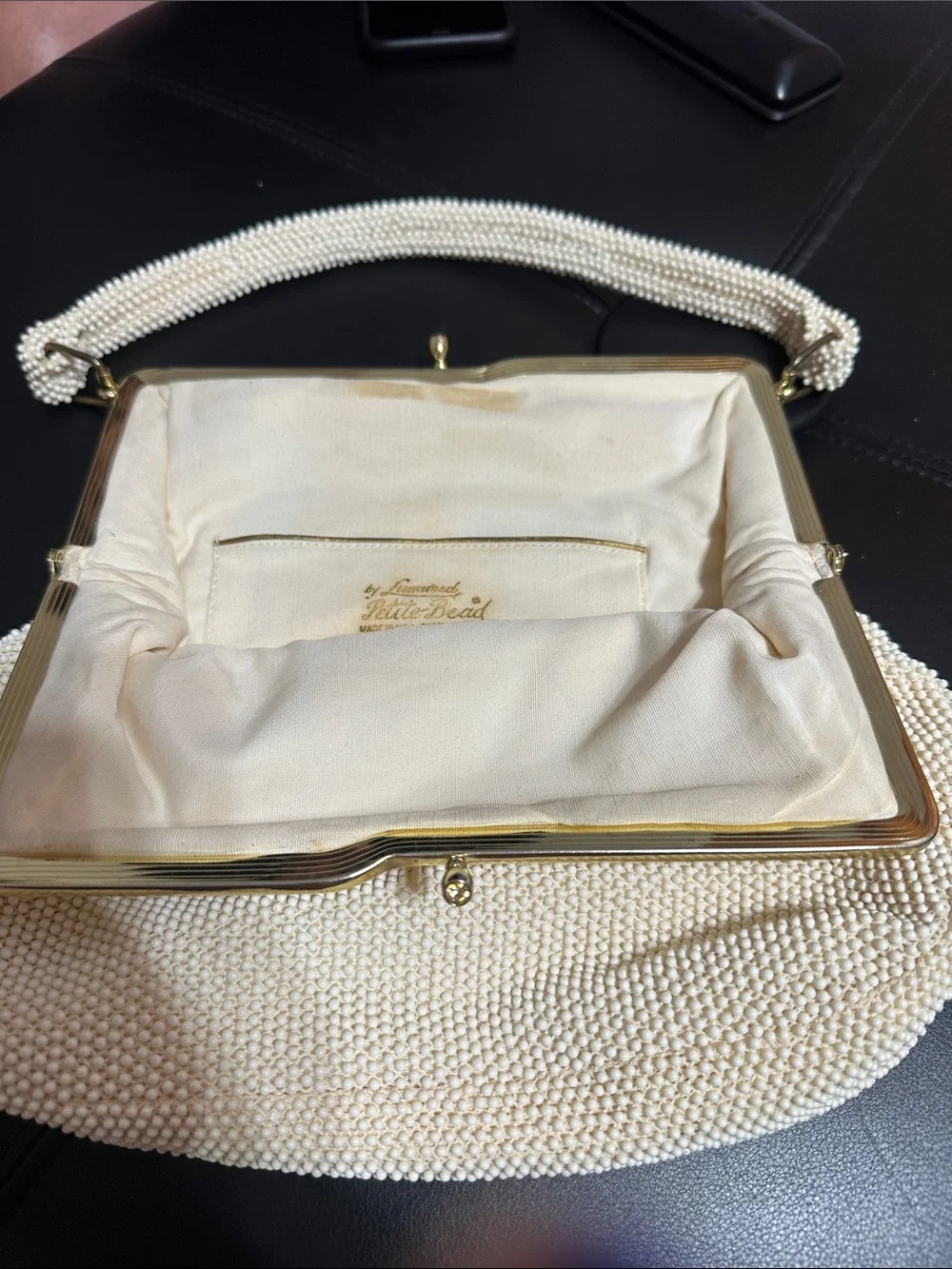 Vintage Beaded Cream Evening Bag with Pearl Handle